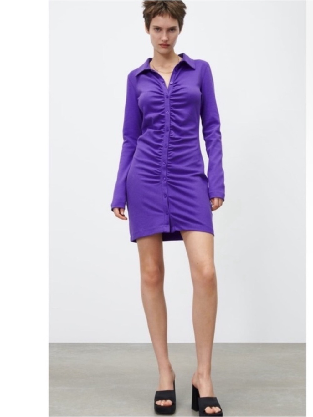 Zara Violet Long Sleeve Ruched Shirt Dress
